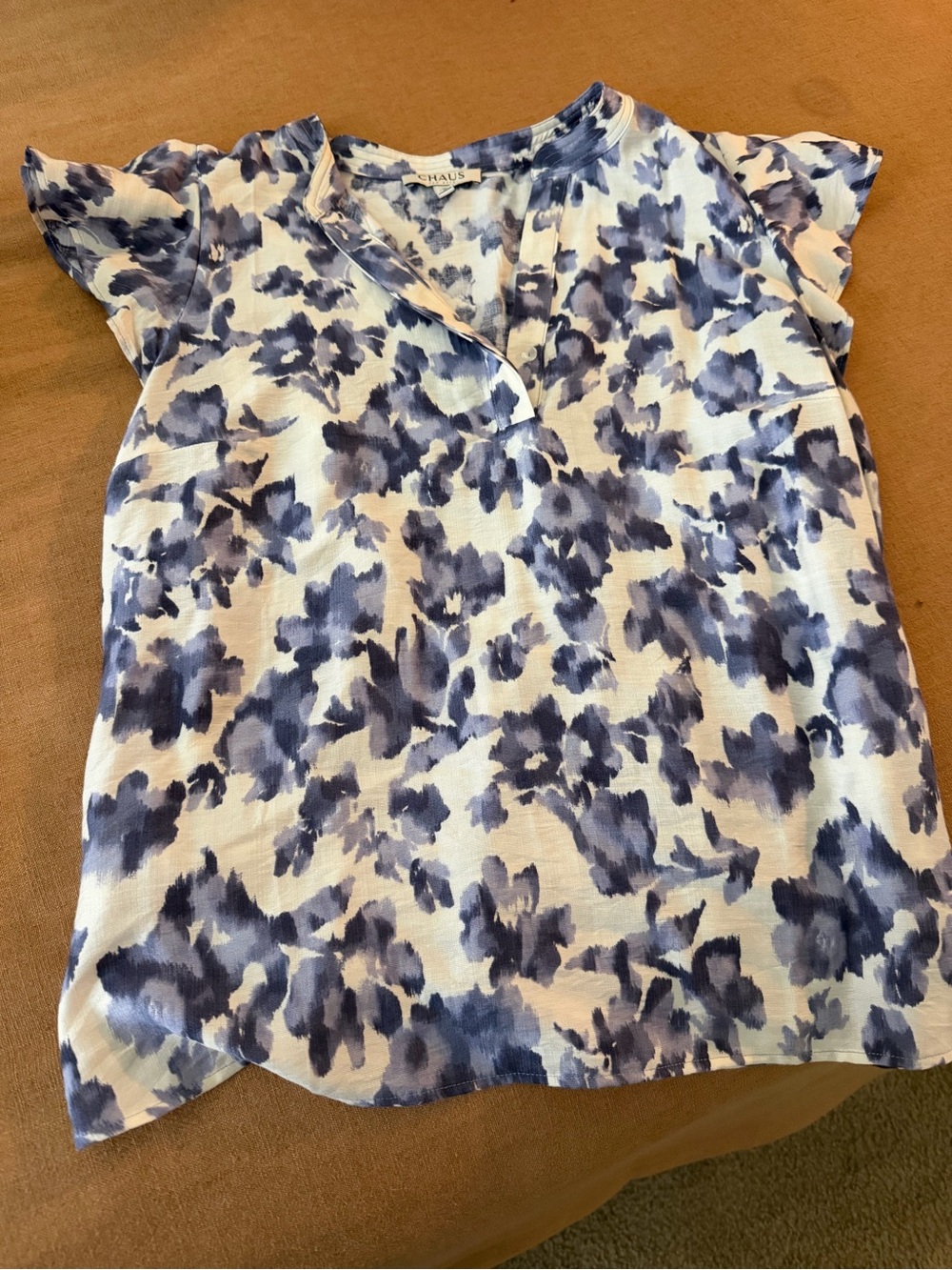 Chaus White and Blue Watercolor Floral V-Neck Cap Sleeve Top